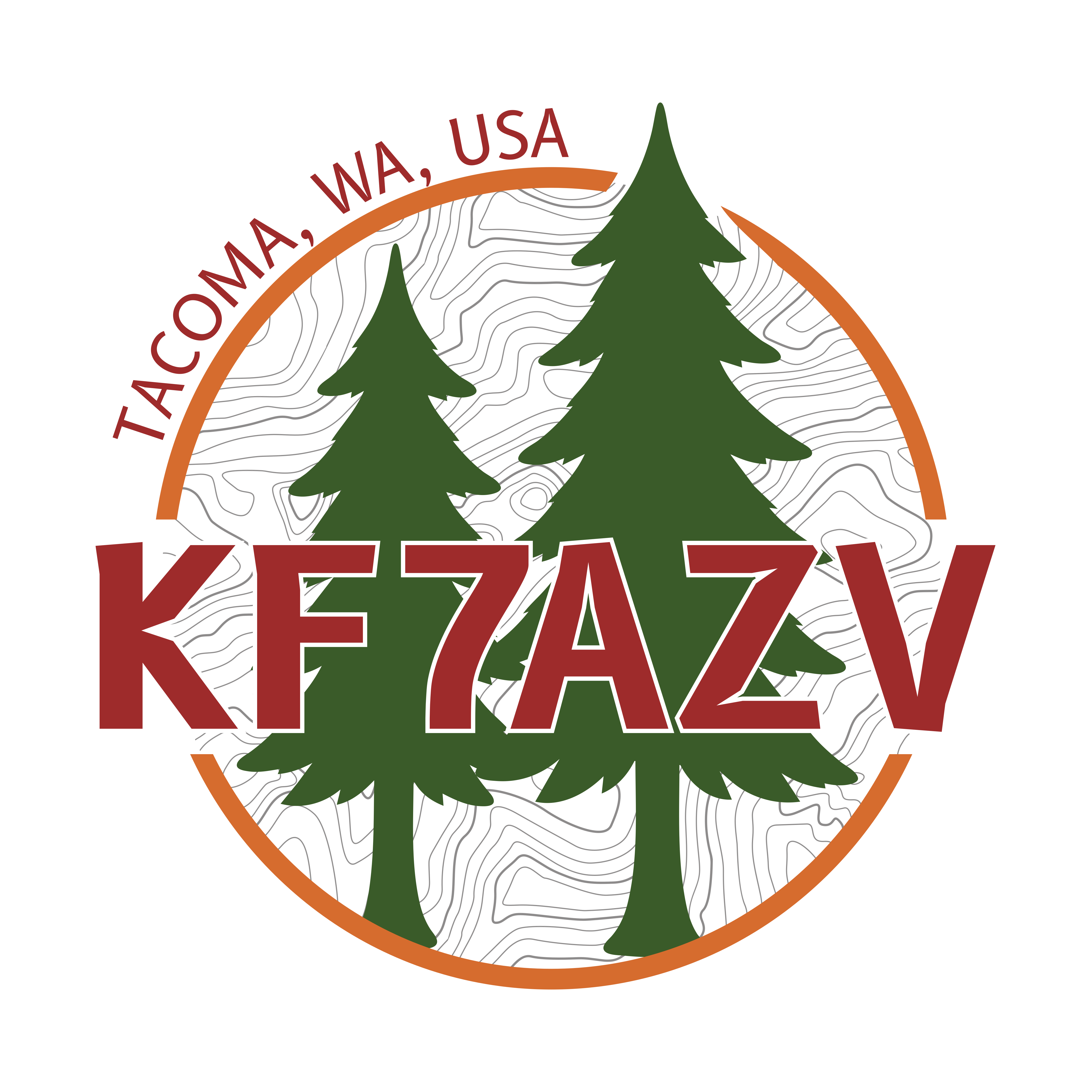 KF7AZV's logo; an orange circle with two green pine trees, a topographic map background with red text 'KF7AZV' and 'TACOMA, WA, USA'